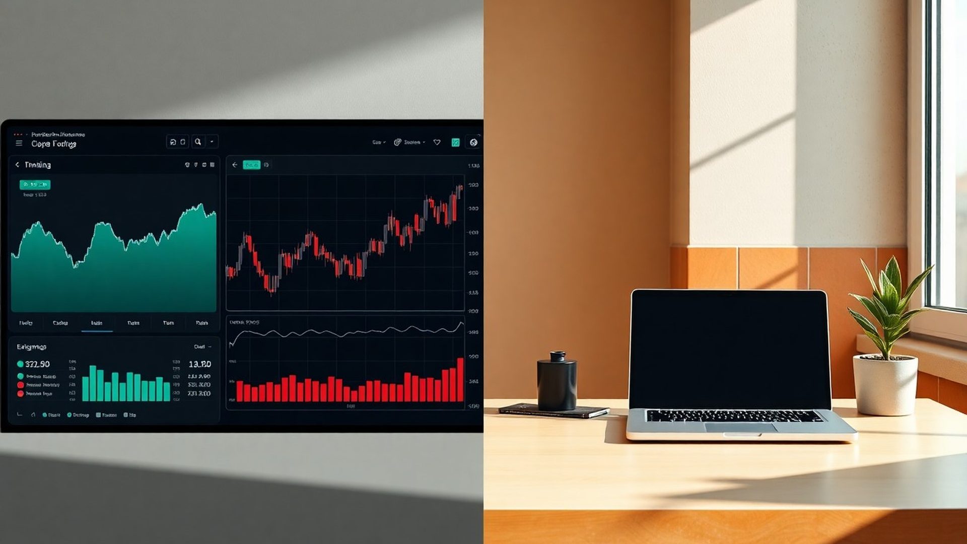 Panel de trading Buen Estudio con gráfico en vivo junto a un escritorio de oficina en Madrid