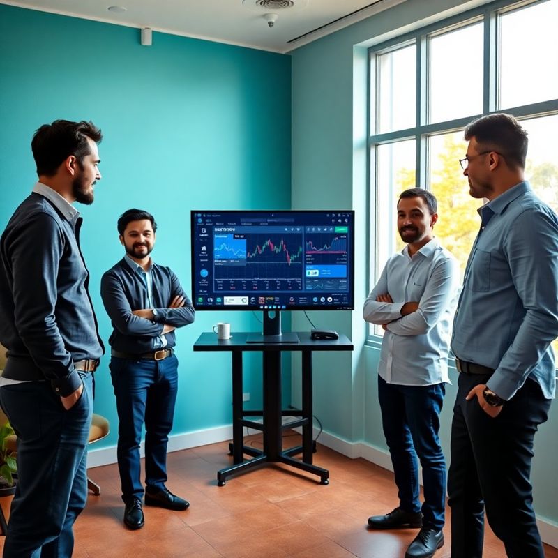 Equipo de Buen Estudio en oficina de Madrid con pared teal y monitor de trading